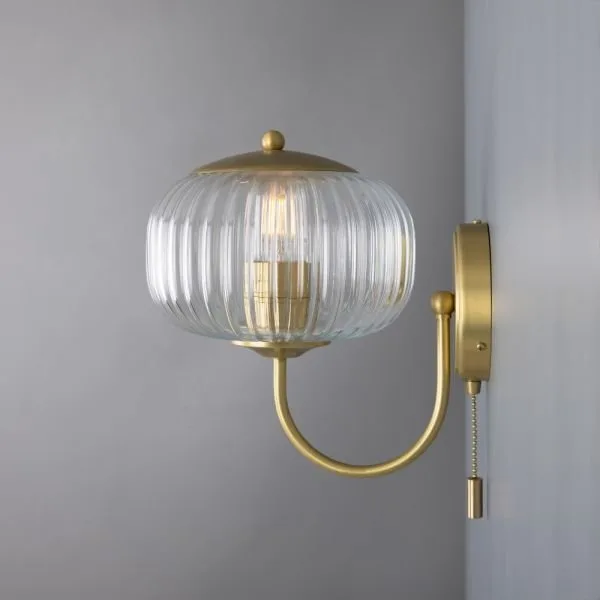 Nehir Reeded Glass Wall Light with Pull Switch Holophane & Prismatic Wall Lights Great Lighting UK Ltd